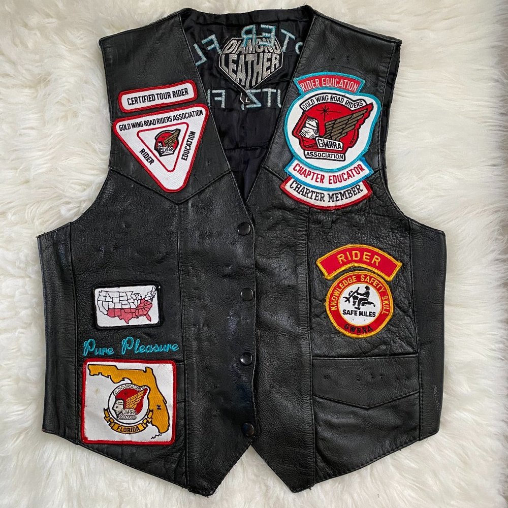 Vintage Diamond Plate Leather Motorcycle Biker Vest w/ Patches